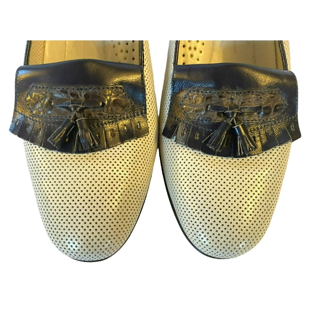 Vintage Breazioni Arabella US9 Heels Shoes Italy Navy White Leather Vero Cuoio - Picture 6 of 9
